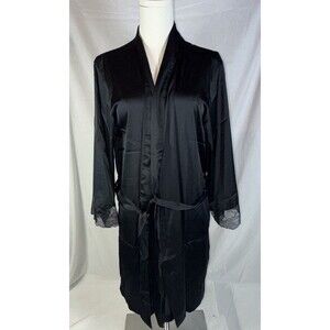 I.N.C. Women's Lace Trim Stretch Size Extra Small Satin Robe Color Deep Black